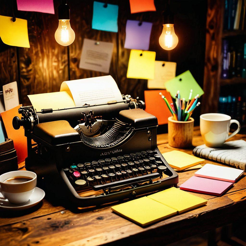 An open laptop on a wooden desk, surrounded by sticky notes and a steaming coffee cup, showcasing a cozy workspace filled with books on writing and blogging. In the background, a glowing lightbulb symbolizes inspiration, alongside a typewriter hinting at the evolution of writing. The atmosphere is warm and inviting, encouraging creativity. super-realistic. vibrant colors. cozy setting.