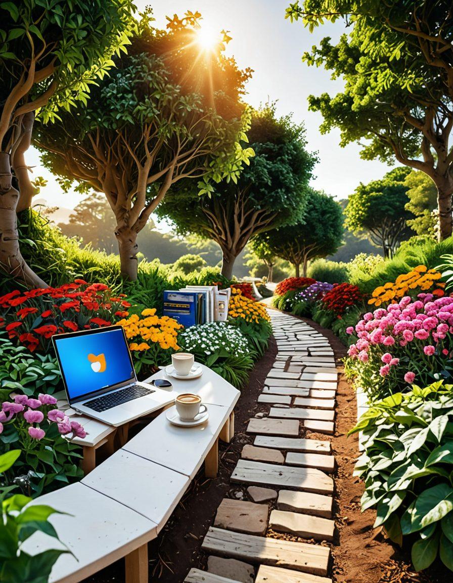 A winding path through a vibrant digital landscape, showing various blogging resources like books, laptops, and coffee cups along the sides. In the sky, icons of social media platforms gently hover, representing insights. Lush greenery and colorful flowers frame the scene, with a bright sun illuminating the journey ahead. super-realistic. vibrant colors. white background.