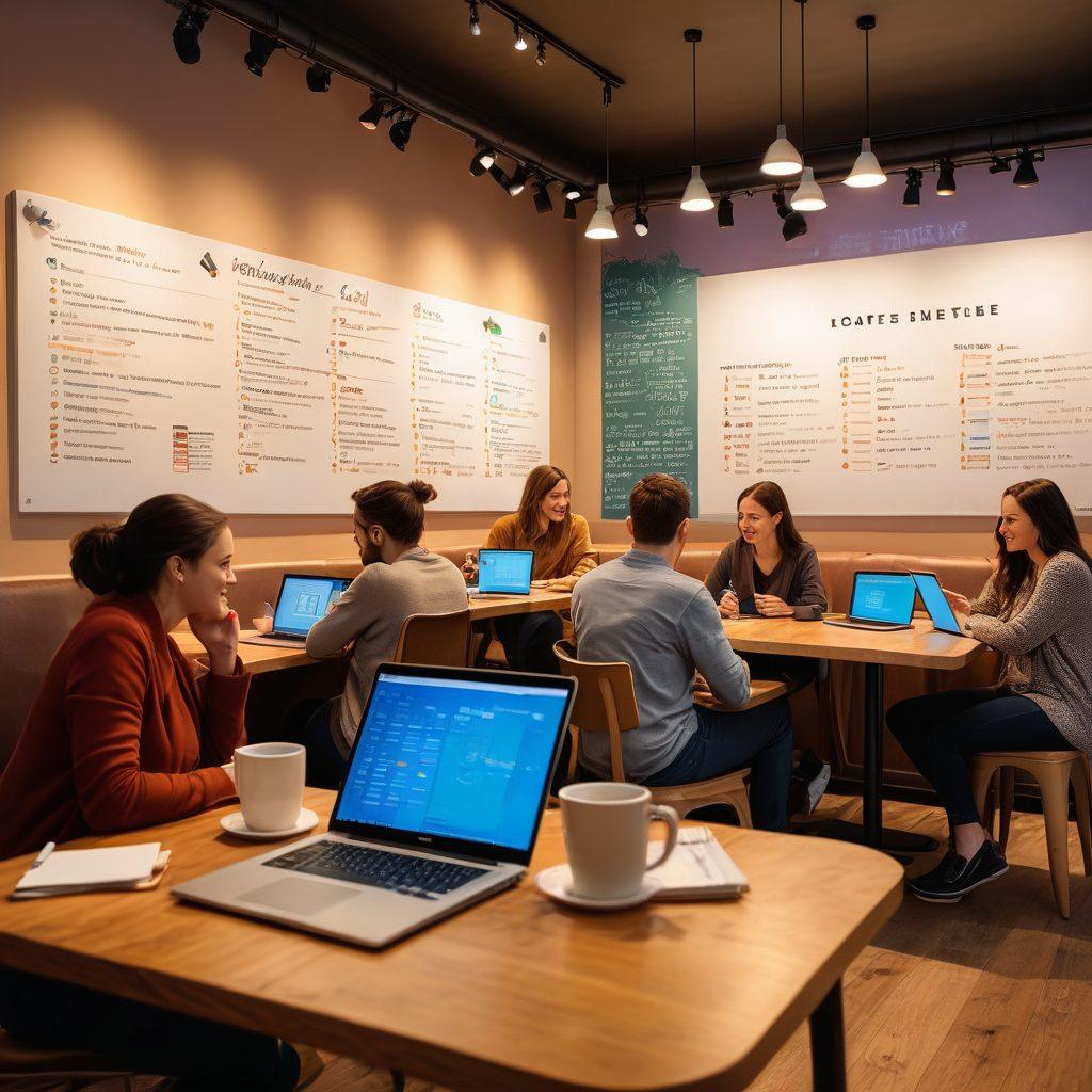 A vibrant scene depicting a diverse group of people interacting in a cozy café, collaborating over laptops and discussing creative ideas. In the background, a large wall displays various engaging content strategies such as growth charts and tips. Warm lighting creates an inviting atmosphere, with coffee cups and notebooks scattered around. The focus is on connection and creativity. super-realistic. vibrant colors. 3D.